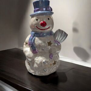 Iridescent Snowman Tea Light Votive Holder Star Cutouts 8" Tall